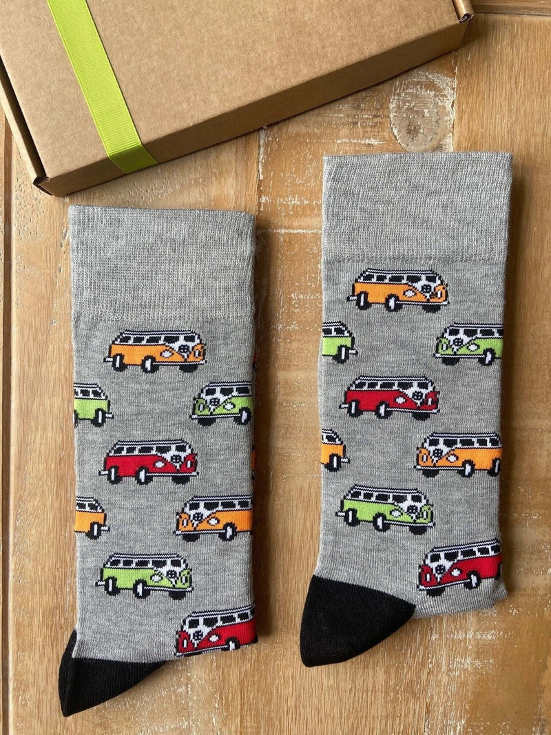 Grey Bamboo Socks with a VW Campervan Pattern. Men's socks size 7-11