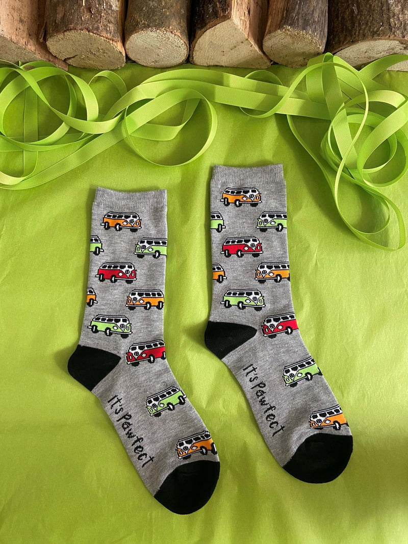 Grey Bamboo Socks with a VW Campervan Pattern. Women's socks size 4-8