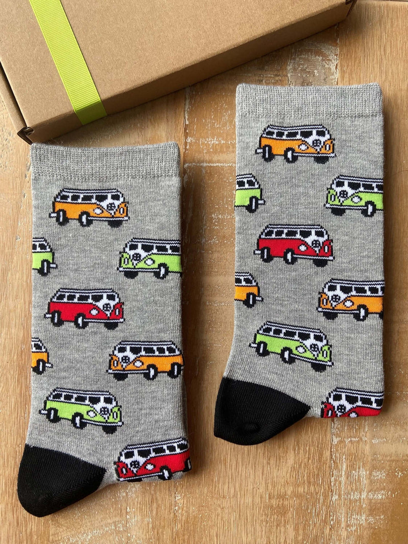 Grey Bamboo Socks with a VW Campervan Pattern. Women's socks size 4-8