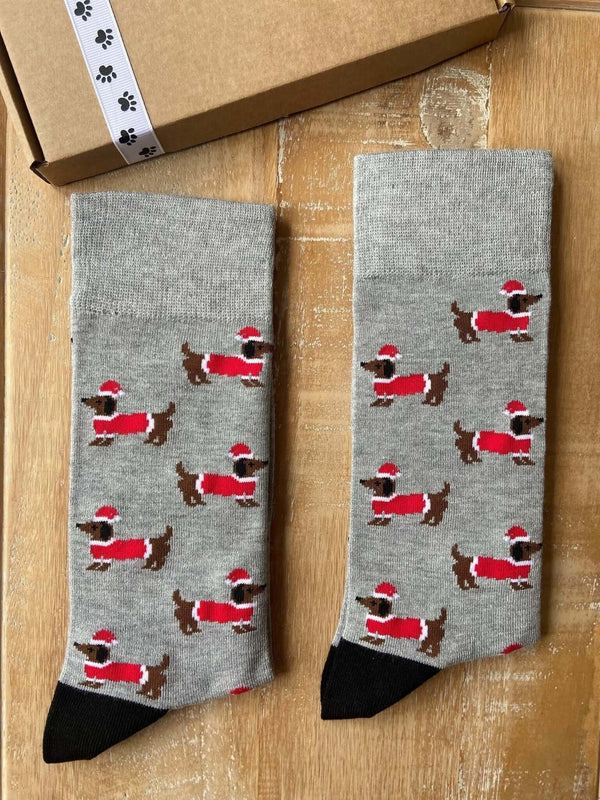 Men's Christmas Sausage Dog Socks - Grey - It's Pawfect