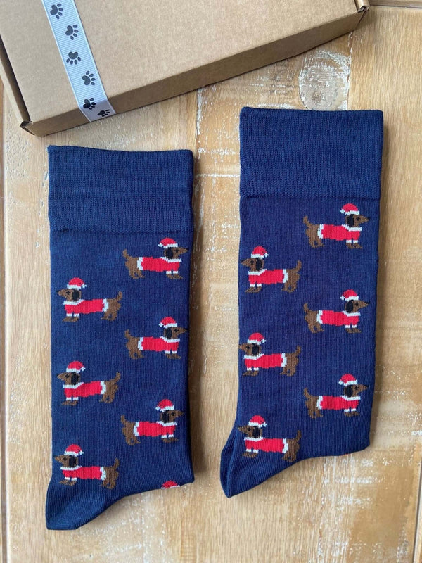Men's Christmas Sausage Dog Socks - Navy - It's Pawfect