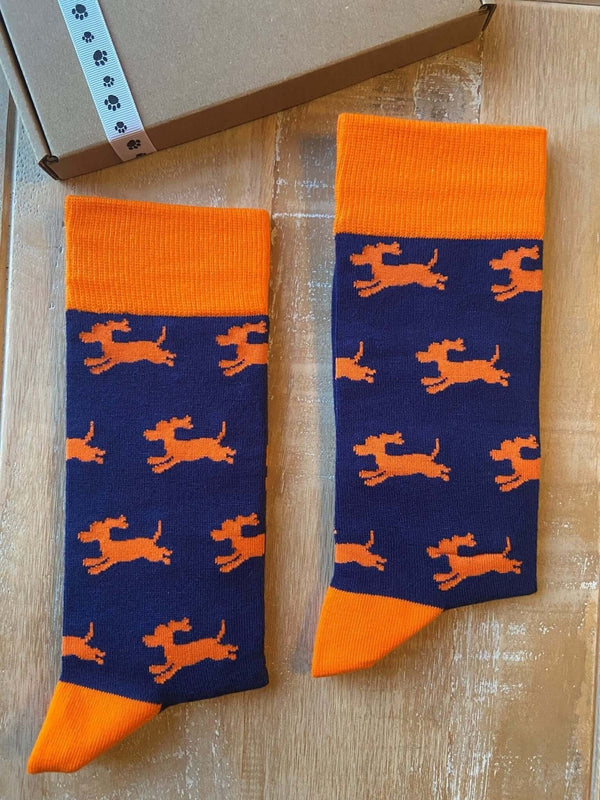 Men's Sausage Dog Socks - Navy & Orange - It's Pawfect