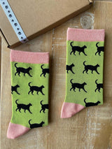 Women's Black Cat Socks - Green - It's Pawfect