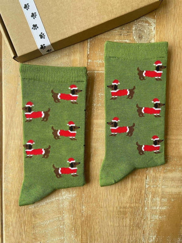 Women's Christmas Sausage Dog Socks - Green - It's Pawfect