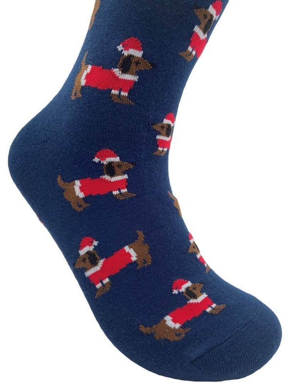 Women's Christmas Sausage Dog Socks - Navy - It's Pawfect